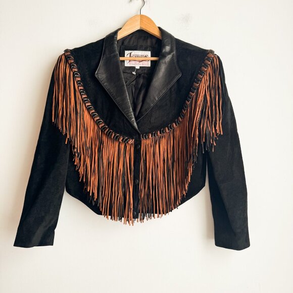 Vintage Diamond Leather Cropped Fringe Black Brown Suede Jacket L - Picture 1 of 12